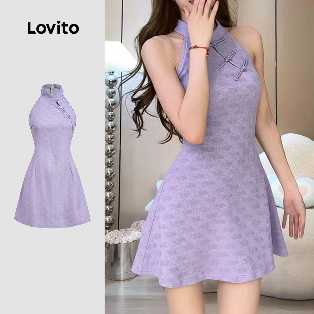 Lovito Casual Dress Party New Chinese Style Spring/summer Purple Dress for Women L171ED535 Lovito Gaun Kasual Parti Gaya Cina Baharu Gaun Ungu Musim Bunga/musim Panas Untuk Wanita L171ED535