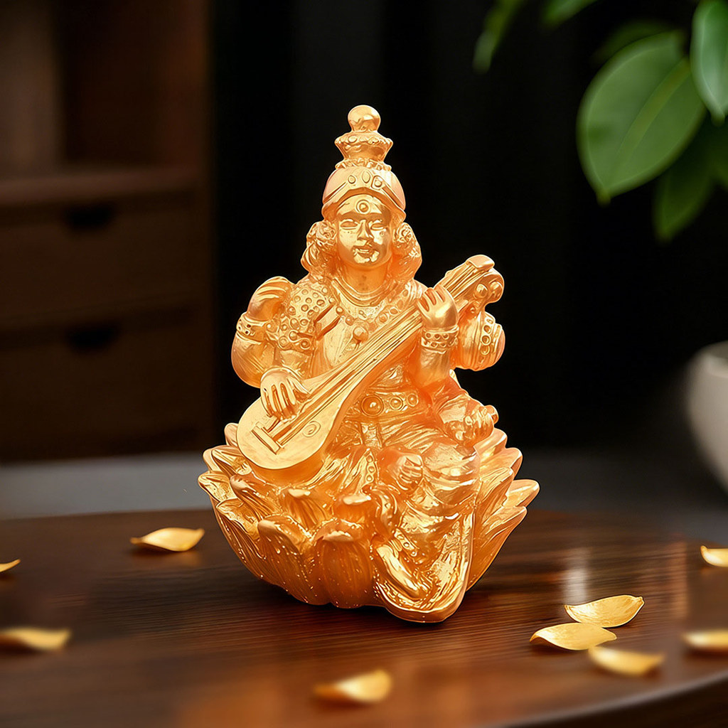 Zen Wabi-Sabi Car Decor: Mini Saraswati Goddess Resin Statue. Aesthetic Dashboard Accessory for Good Luck, Focus & Calm. Indian Art Figurine for Offic