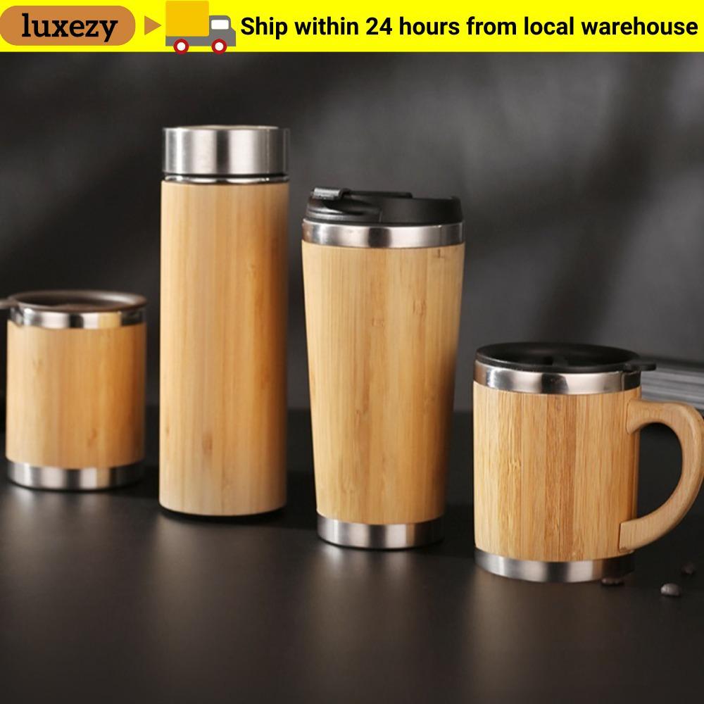 LUXEZY 401-500ml Bamboo Shell Cup, Stainless Steel and Bamboo Double-layer Travel Mug, with Lid Portable Handle Vacuum Coffee Cup