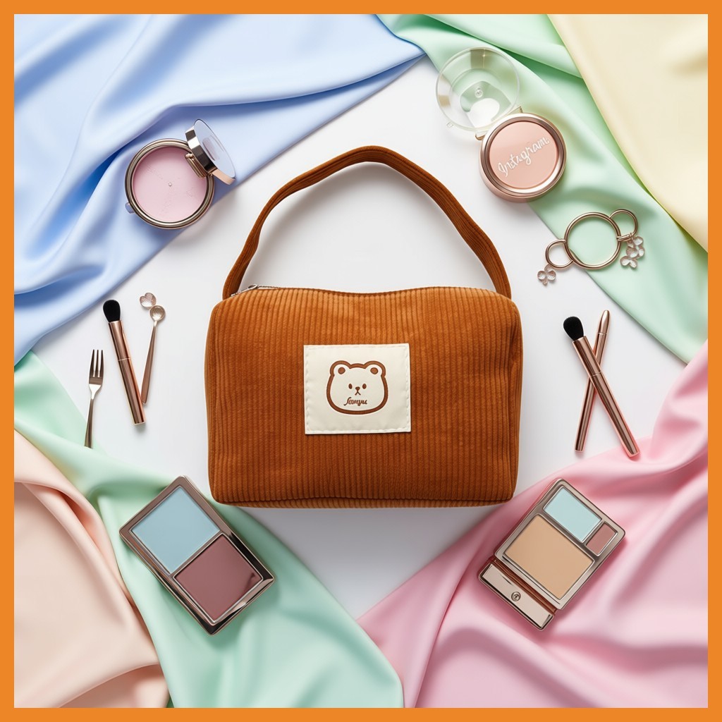 [ONGYEOLSANG] Bear Corduroy Makeup Pouch 2pc, Cute Cosmetic Bag Travel Storage Korea_Hankkeutchai