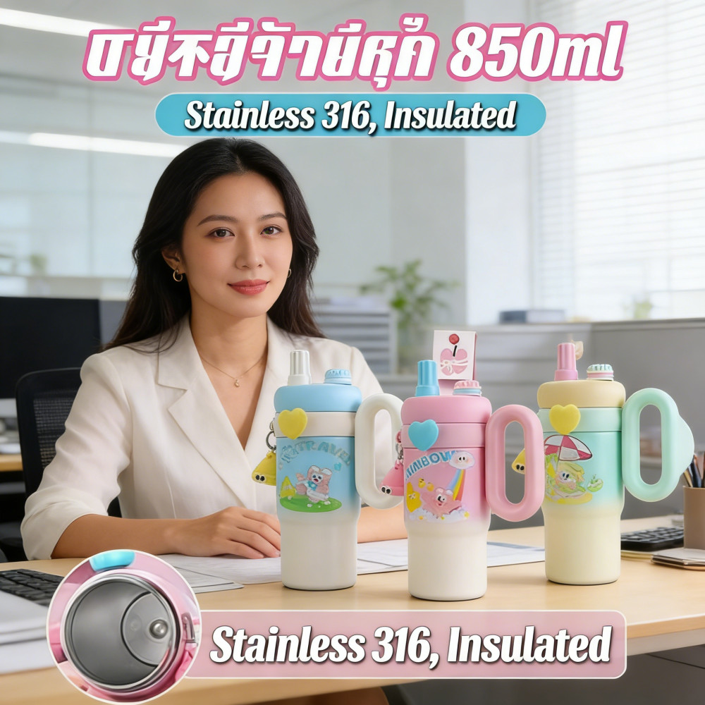 Pastel Water Glass 850 Ml. 2 in 1 Cartoon Pattern Cover Keychain Cool And Pour Long-Lasting Cooling