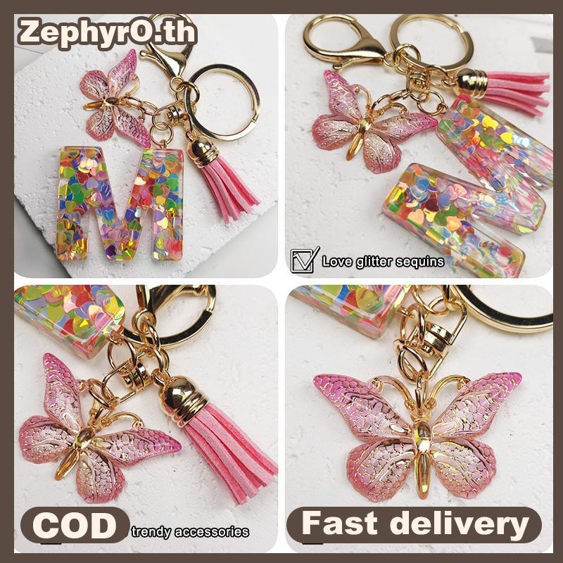 null Fashion Pink Letter Keychain Heart Sequin Butterfly sel Keychain Crystal Epoxy Pendant Accessory For Women null