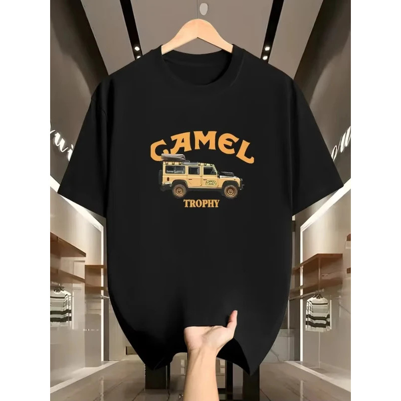 Kemeja-T Kapas Lelaki Corak Vintage Unta dan Gurun Sahara Cetakan Kasual Leher Bulat Lengan Pendek Pakaian Bertemakan Gu