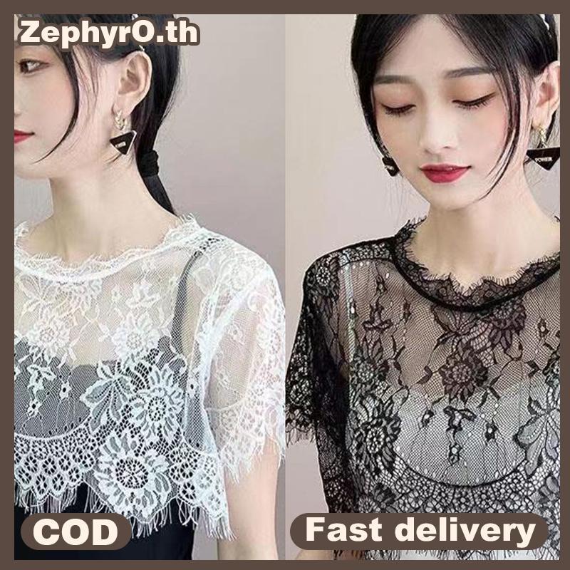 null Women Detachable Fake Collar Half Shirt Sweet Crochet Sheer Floral Lace Cover Shirt null