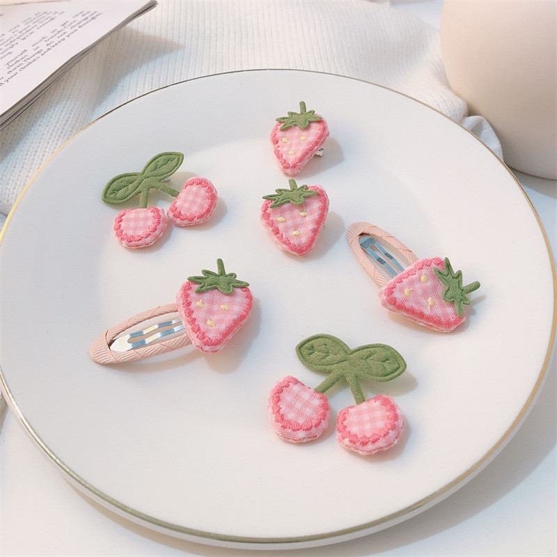Pink Strawberry Cherry Fabric bb Clip Cute Sweet Girl Heart Bangs Clip Fruit Hair Accessories Student Side Clip Female 3.11