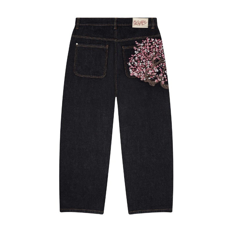 Cross-Border derschutze Japanese Harajuku Jeans Street American Retro Cherry Blossom Embroidery Heavy Industr