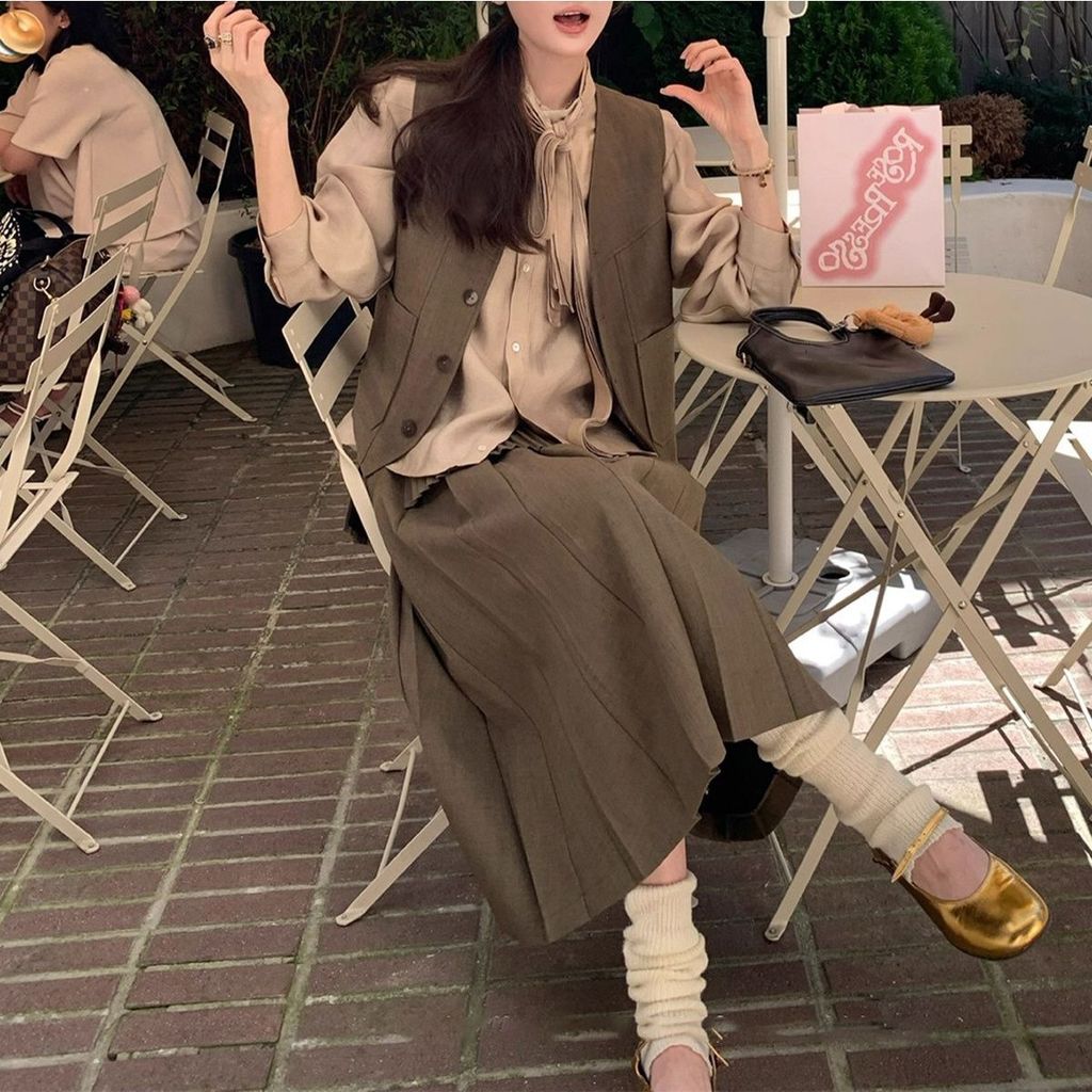 Korean Brown Cypress Ribbon Tencel Shirt, Retro Suit Vest & Casual Pleated Skirt Set - Autumn Fashion