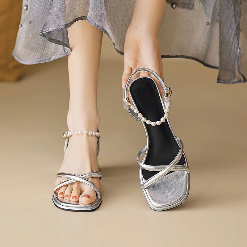 Super Fairy Thick Heel Sandals Women 2026 New Summer Casual Sandals Fashion Pearl Chain Strap Temperament High Heel Sandals#wei6.2