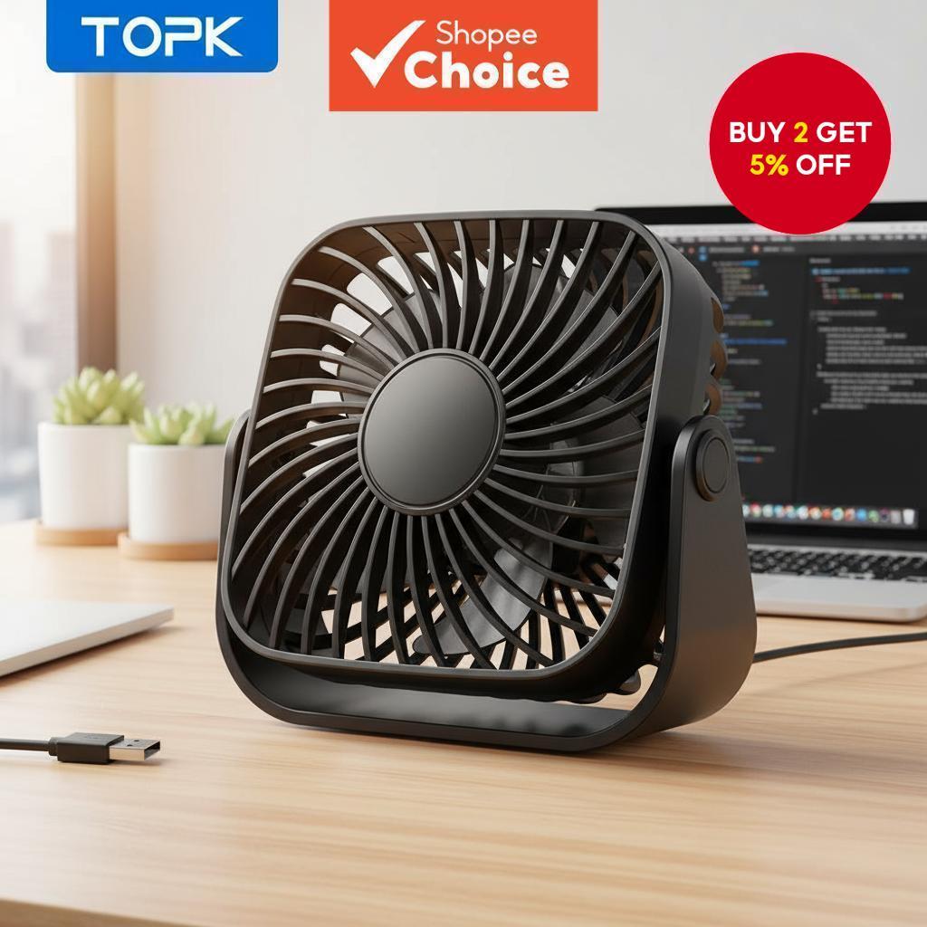  TOPK Small USB Desk Fan 3-Speed Quiet 360° Rotatable Personal Cooling Fan for Office Home Desktop  TOPK Kipas Meja USB Kecil 3 Kelajuan Senyap 360° Berputar Kipas Peribadi untuk Pejabat Rumah Desktop