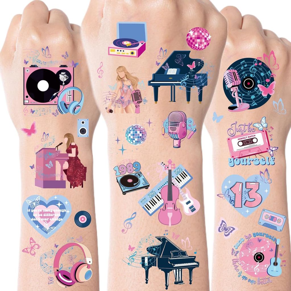Tatu Sementara untuk Peminat Muzik - 8 Lembaran 200+ Keping Hiasan Pesta Ulang Tahun Bertemakan Muzik Hadiah Merchandise Jelajah Konsert Pelekat Tatu Penyanyi Pop Wanita untuk Hiasan Konsert