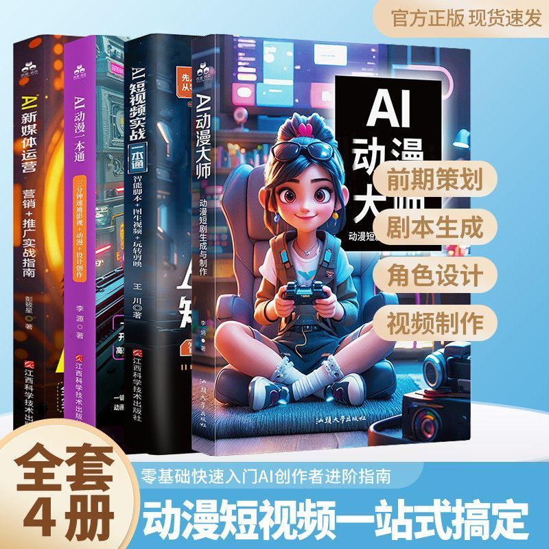 好物推荐全4册AI动漫大师+AI短视频实战一本通+AI动漫+新媒体影视短剧制作 Recommended Goodies: 4-Book Set - AI Animation Master + AI Short Video Practical Guide + AI Animation + New Media Film and Television Short Drama Production