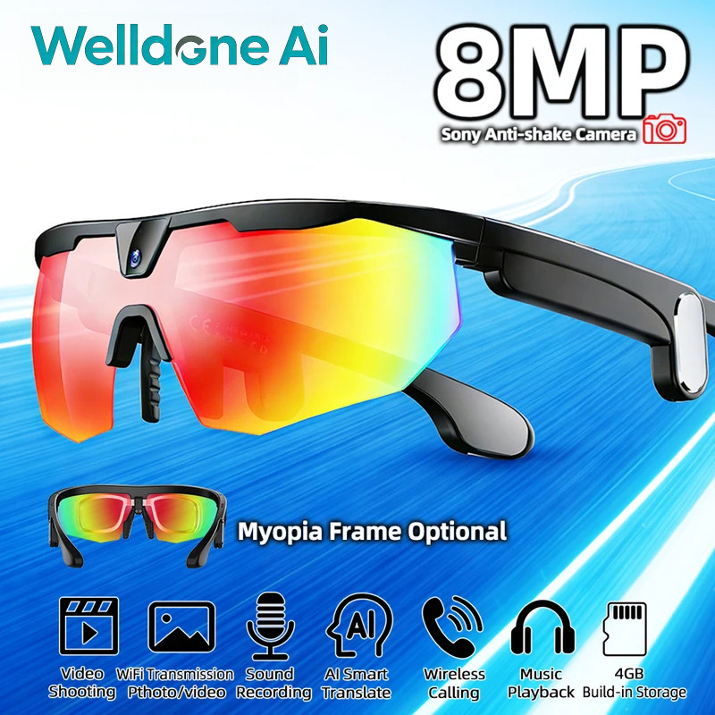 AI Smart Cycling Glasses 8MP Camera 1200P Video Record Real-time Translation BT Call ChatGPT 290mAh Sports Eyewear for Men Women