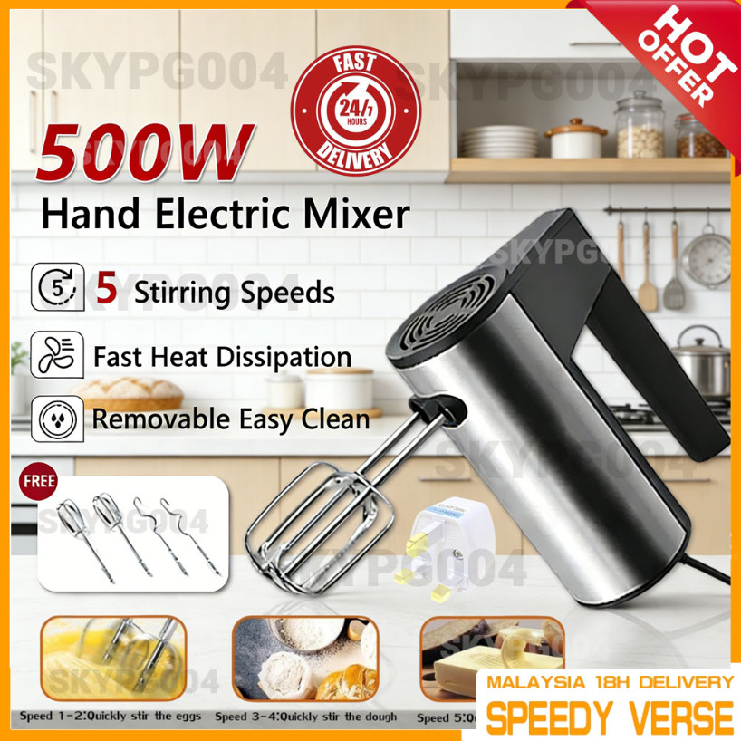 500W High Power Electric Hand Mixer 5Speed Portable Egg Beater Cream Whip Mesin Pengadun Tangan Double Sticks for Baking
