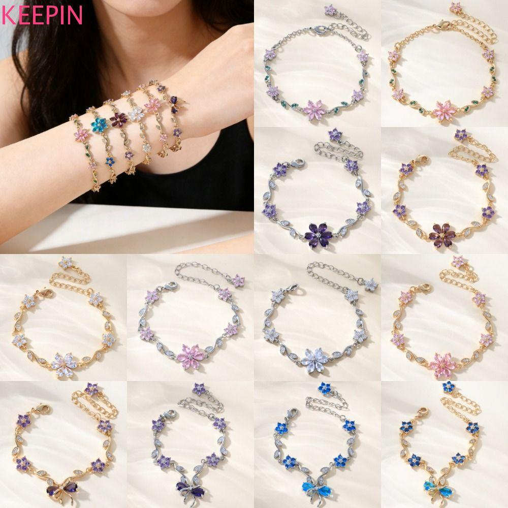 KEEPIN Pink Cubic Zirconia Chain, Fashion Crystal Green Leaf Flower Bracelet, Elegant Sparkling Bow Exquisite Shiny Rhinestone Bangle For Women