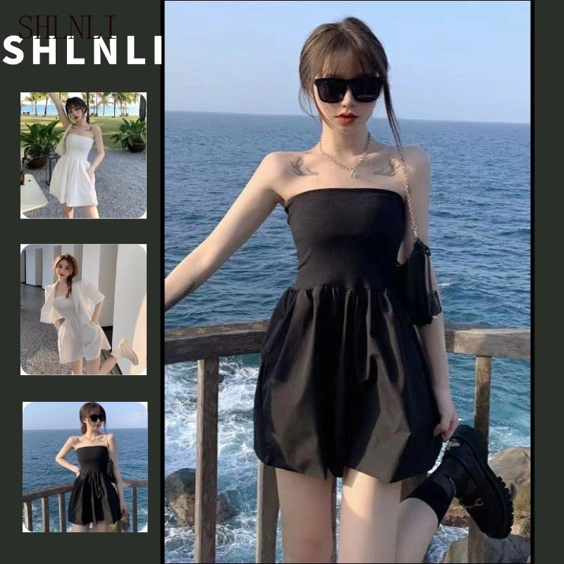 Korean Style Strapless Jumpsuit - Spring Summer Casual Solid Color Loose Design