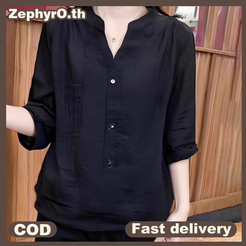 null Solid Color Shirt Women's Summer V-Ne Long Sleeve Loose Bla Mourning Top null