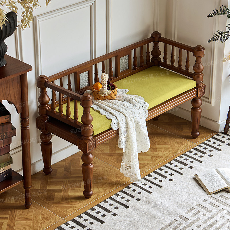 American Medieval Solid Wood Double Bench French Retro Carved Column Flannel Cushion Living Room Balcony Bench Bed End Stool Artistic Sofa Chair