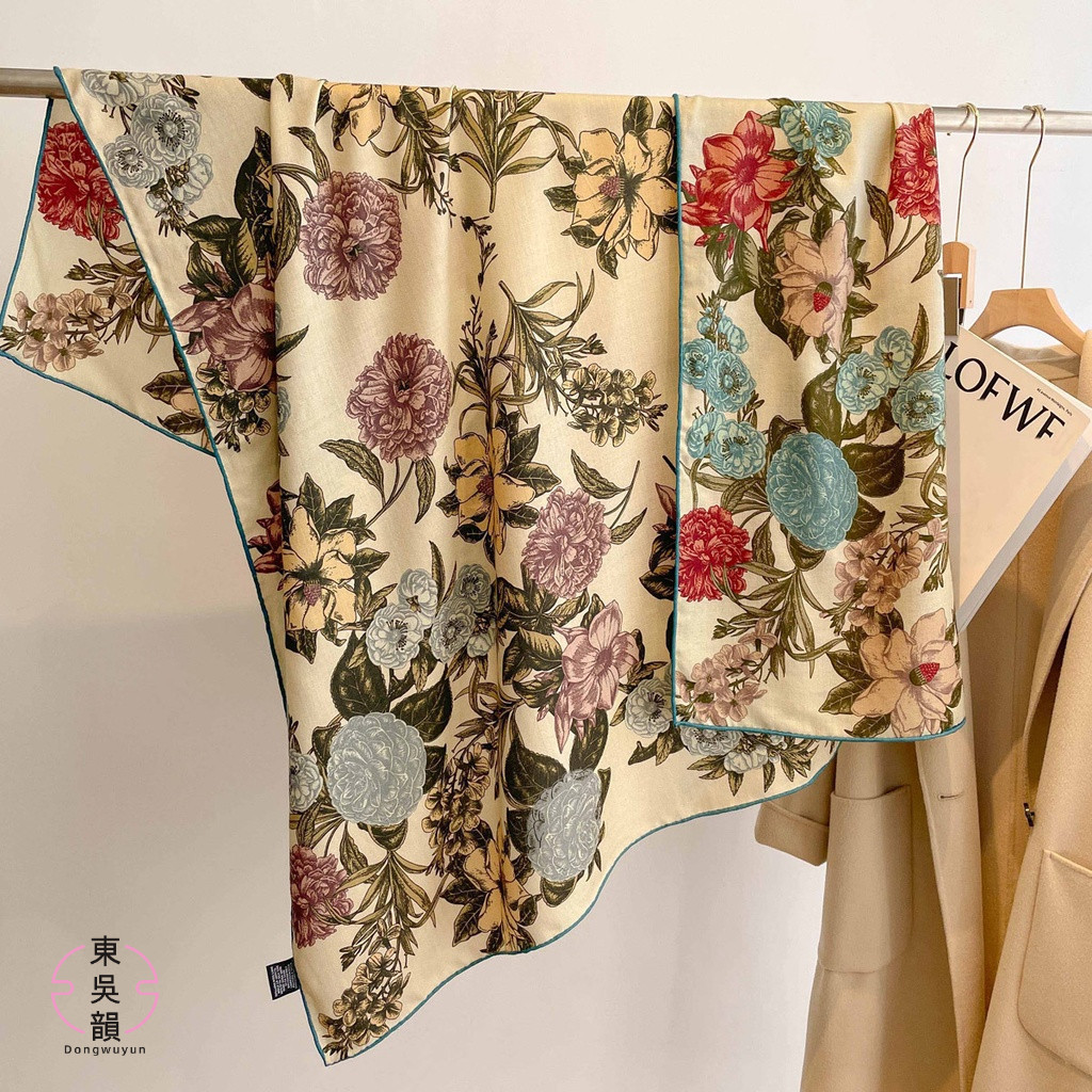 2 Styles Dongwuyun High-End Mulberry Silk Wool Large Square Scarf Scarf Shawl 135cm Double-Sided Printed Scarf Silk Wool Large Square Scarf Air-Conditioned Room Warm Scarf Shawl/Burgun