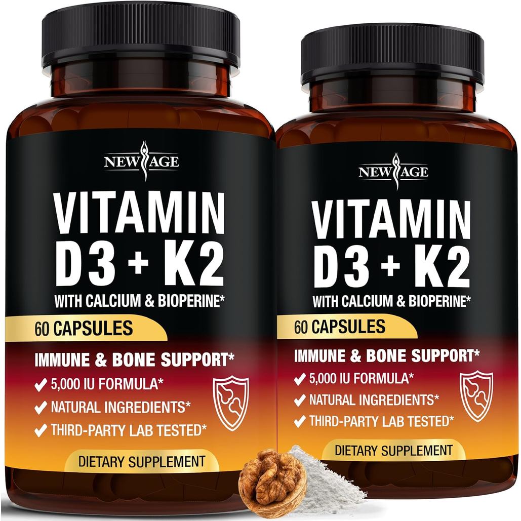 NEW AGE Vitamin D3 5,000 IU + K2 MK-7 100 mcg - 2-in-1 Bone, Immune & Heart port, Easy to Swallow, Non-GMO - 120 Capsules