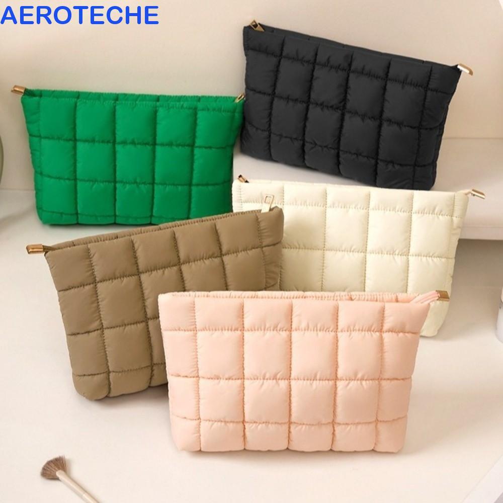 AEROTECHE Quilted Padded Makeup Bag, Large Capacity Puffy Cotton Clutch Bag, Fashion Solid Color Zipper Handbag Cosmetic Bag Outdoor