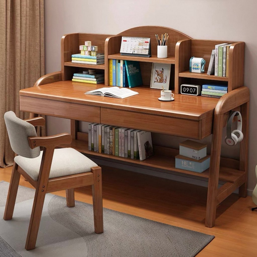 Solid wood children's study / writing desk / home bookshelf all-in-one desk/computer table/meja lipat 书桌