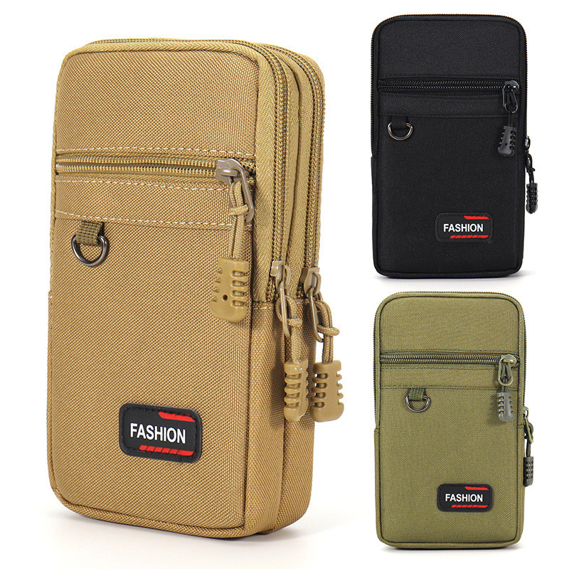 Men's Waist Bag 3 Zipper Vertical Tactical Waterproof Oxford Phone Pouch With Detachable Strap For Hiking Fishing Work B08