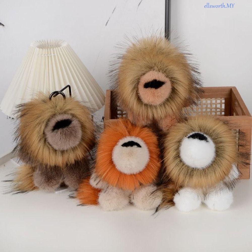ELLSWORTH Plush Lion Keychain, Simulation Rabbit Fur Stuffed Lion Plush Pendant, Backpack Pendant Long Mane Bag Decor Soft Cute Animal Keychain Children