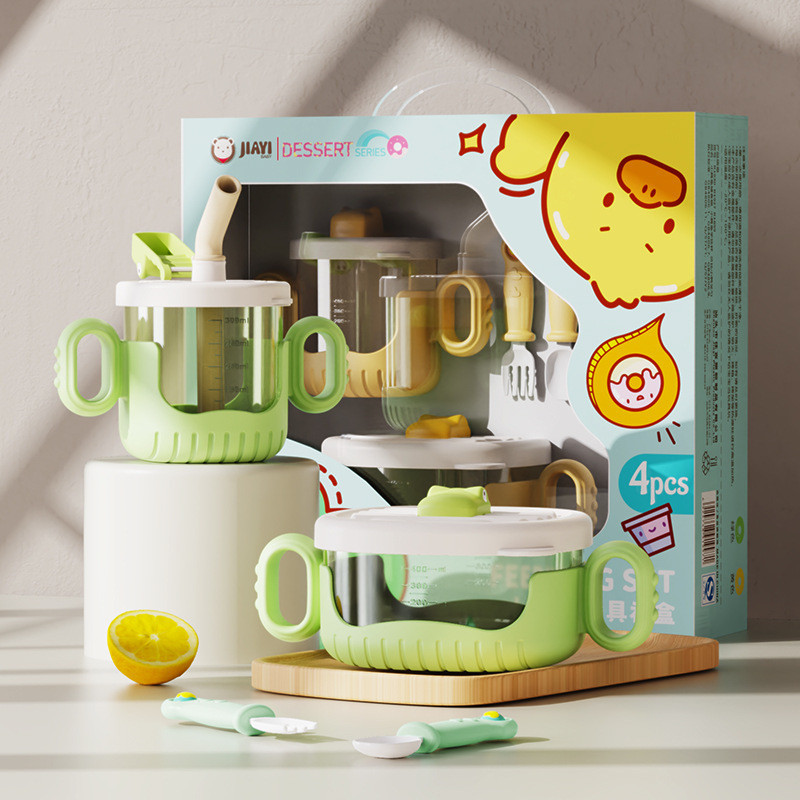 Cartoon Children's Crocodile Water Cup Complementary Food Bowl Fork Spoon Tableware Set Baby Learning to Eat Bowl with Scale Straw