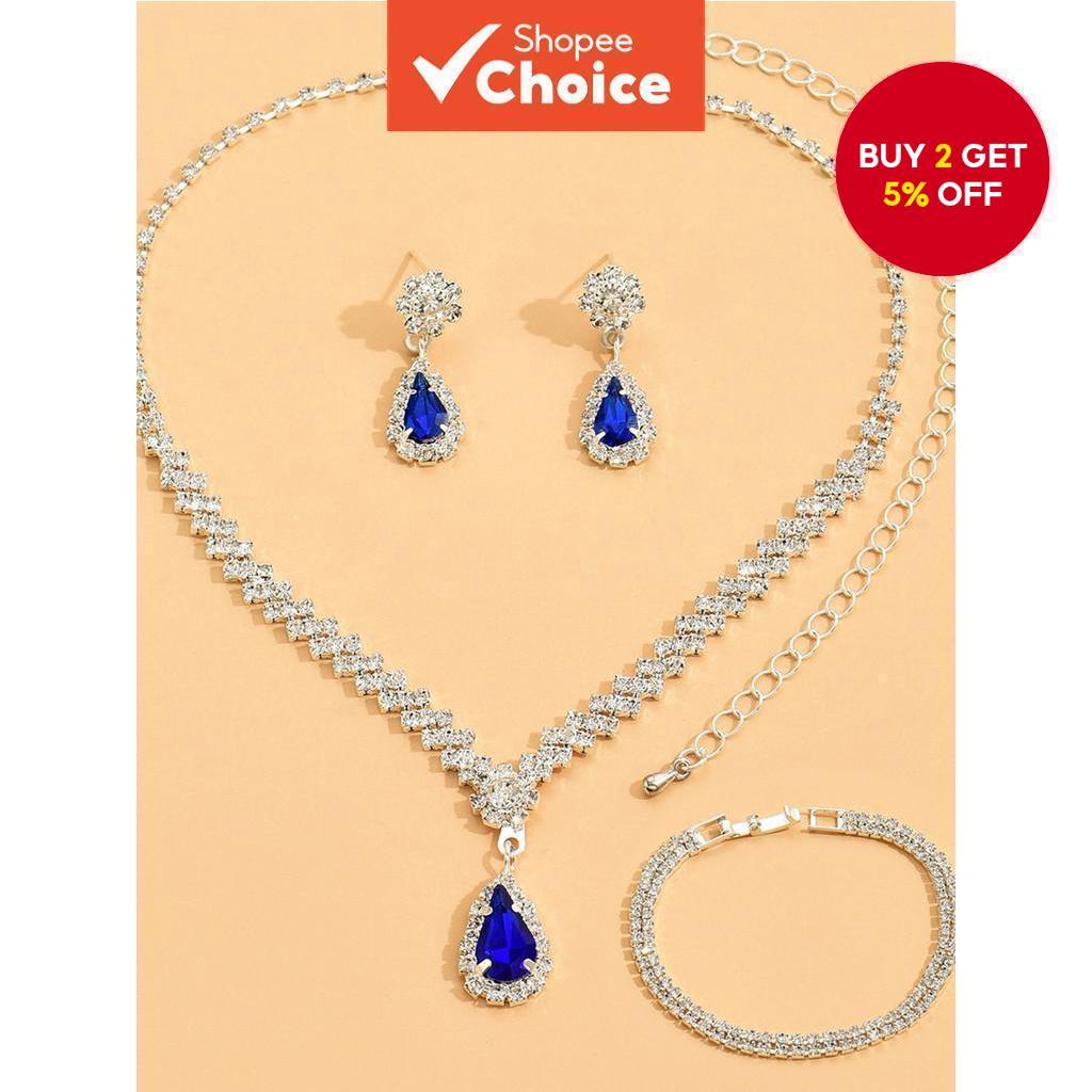 4-Piece Women's Fashionable Waterdrop Jewelry Set including Necklace, Earrings, and Bracelet for Wedding Gifts Set Perhiasan Wanita Bergaya Tetesan Air 4-Item termasuk Kalung, Anting-anting, dan Gelang untuk Hadiah Perkahwinan