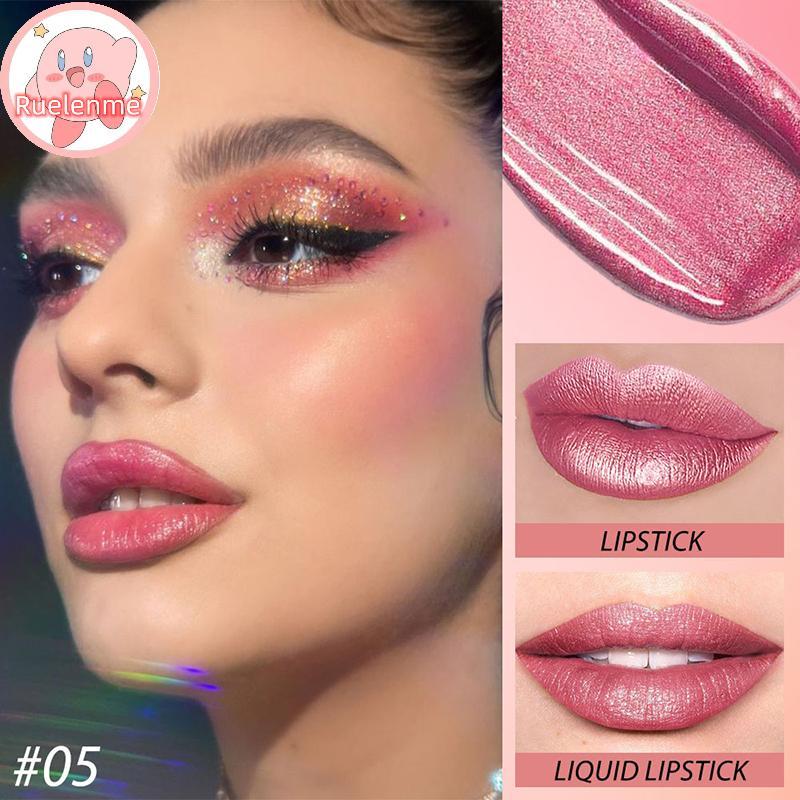 ruelen 2 IN 1 Lipsti & Lip Gloss Sexy Metallic Pearlescent Color Liquid Lipsti Shimmer Long-lasting Moisturizing Waterproof Makeup VN
