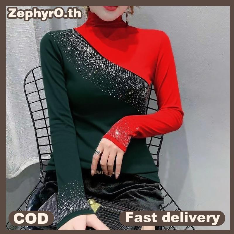 null T-Shirt Chic Sexy Contrast Color Shiny Diamonds Women Tops Long Sleeve Tees null