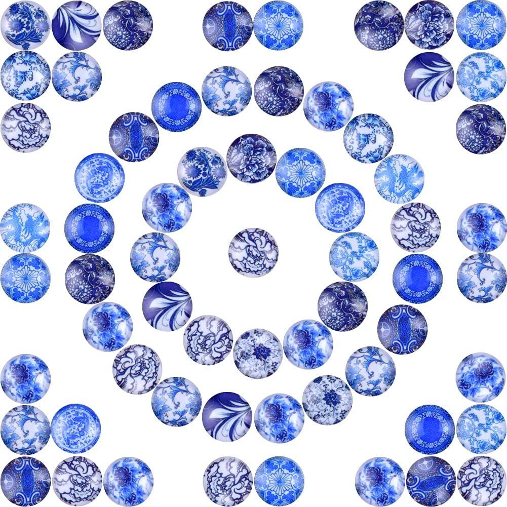 Aipridy 200 Keping 12mm Mozek Kaca Bercorak Bunga Campuran Warna, Bentuk Separuh Bulat untuk Kraf, Jubin Mozek untuk Membuat Perhiasan Loket Foto (12mm, Biru dan Putih)