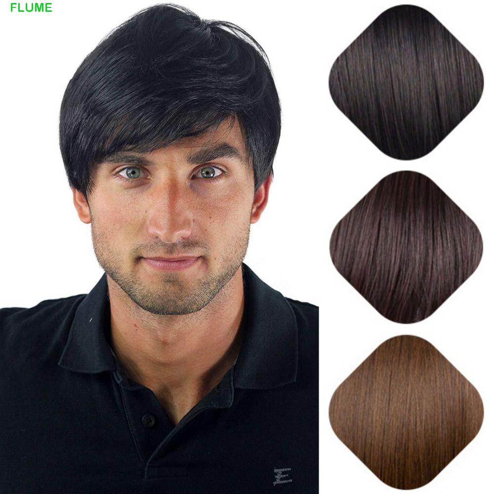 FLUME Men Short Wig, Brown Toupee Fashion Male Straight Wigs, Realistic Fluffy Fleeciness Natural Synthetic Wigs with Bangs Boy