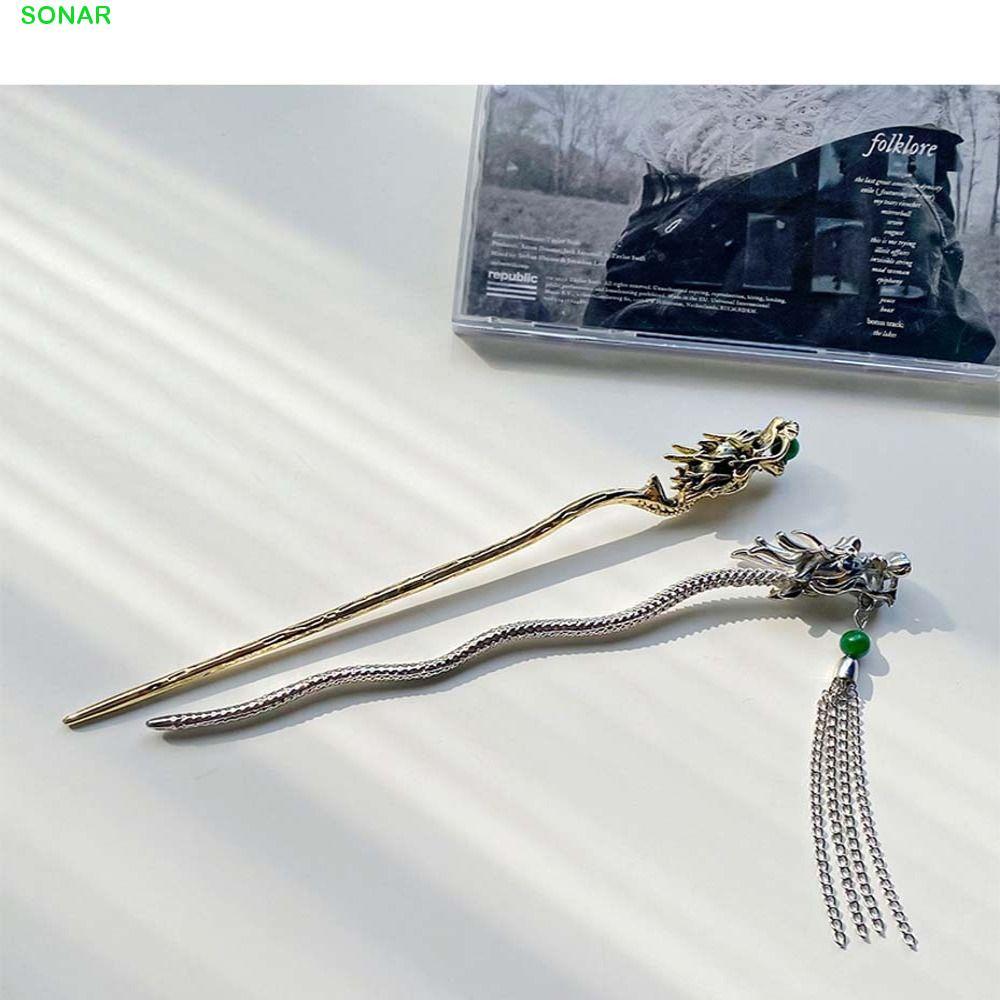 SONAR Dragon Hair Stick, Beaded Wave Shape Hanfu Tassel Hairpin, Sweet Headwear Korean Style Hair Fork Chinese Style Hair Clip Party