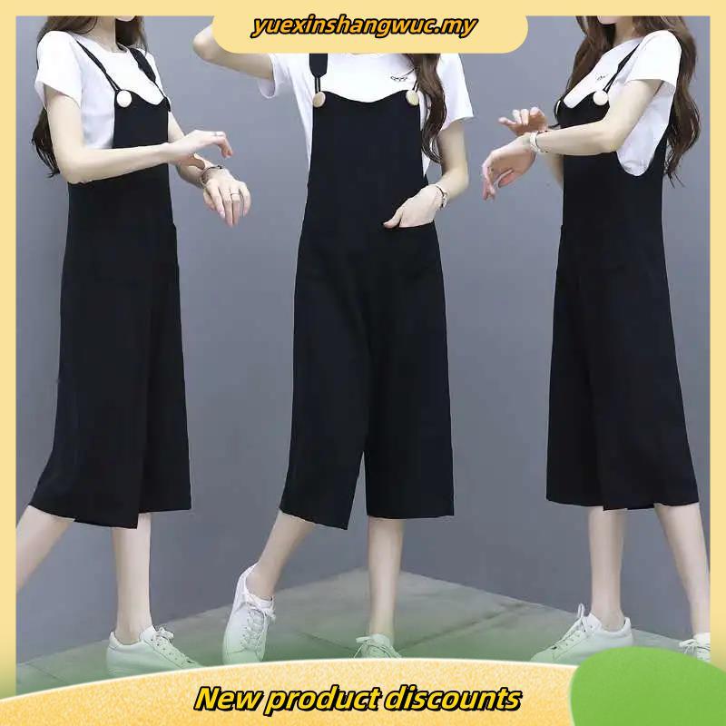 Korean Ladies Jumpsuit Set Suspenders Pants Plus Size Women Fashion Long Wide Leg Overalls Casual Jumpsuit Paysuits + Short Sleeve Top