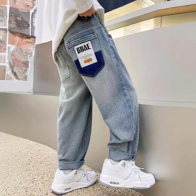 Spring Autumn Style Boys High-Quality Jeans Real Bag Hemming Hemming Strips Fashionable Handsome Children's Pants Outer Wear Medium Big Children2026113-2