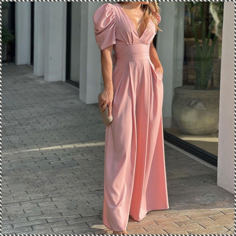 【Breathable Fabric】Elegant Plus Size Wide Leg Jumpsuit Short Sleeve Summer Romper Women's Fashion /