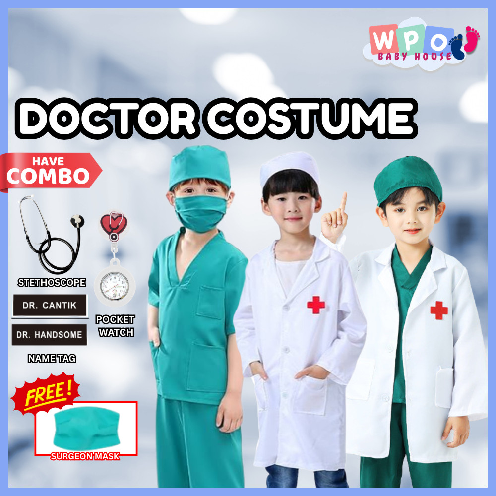 Kids Doctor Nurse Uniform Surgeon Role Play Boys Girls Long Sleeves Costume (DOCTOR COSTUME)