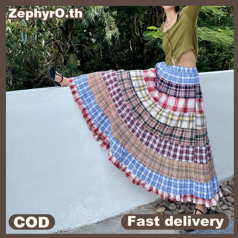 null Boho Plaid Patchwork Skirt Women's Retro Summer Holiday High Waist A-Line Long Skirt null