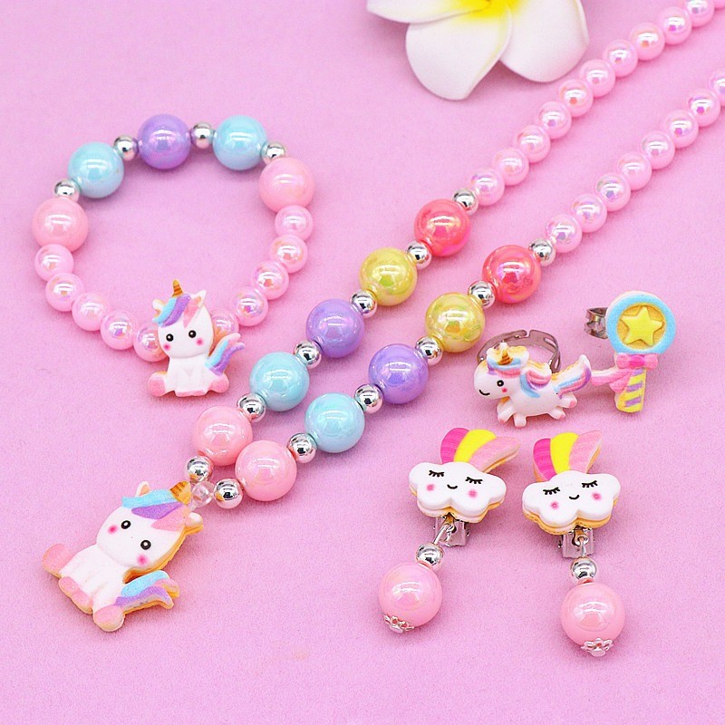 6pcs Children's Necklace Bracelet Earrings Ring Cute Unicorn Rainbow Necklace Girls' Jewelry Set