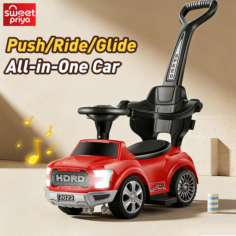Kids Push Car With Handle Horn 4 Wheel Music Lights 3 in 1 Ride Scooter Kereta Mainan Budak Tahun Elektrik Boleh Duduk