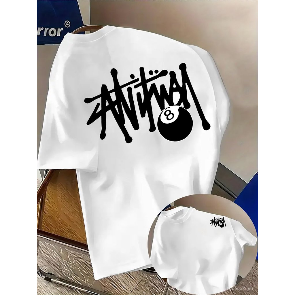 T-shirt bertemakan 8 bola dan biliard lelaki dengan rekaan ala grafiti hitam putih di bahagian belakang, leher kru yang