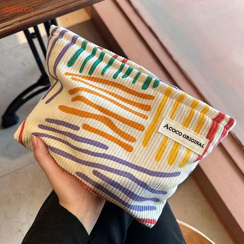 [dddxce] Colorful Stripes Corduroy Cosmetic Bag Portable Travel Toiletry Bag Skincare Sundries Aesthetic Makeup Storage Bag