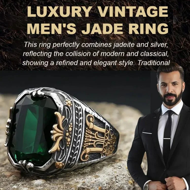 [Luxury Vintage] Men's Jade Ring Cincin Jade Lelaki / Retro Style Jewelry Perhiasan Gaya Retro / Handcrafted Design Reka Bentuk Tangan / Enhances Elegance and Luck Meningkatkan Keanggunan dan Keberuntungan / Perfect Gift for Special Occasions Hadiah Semp