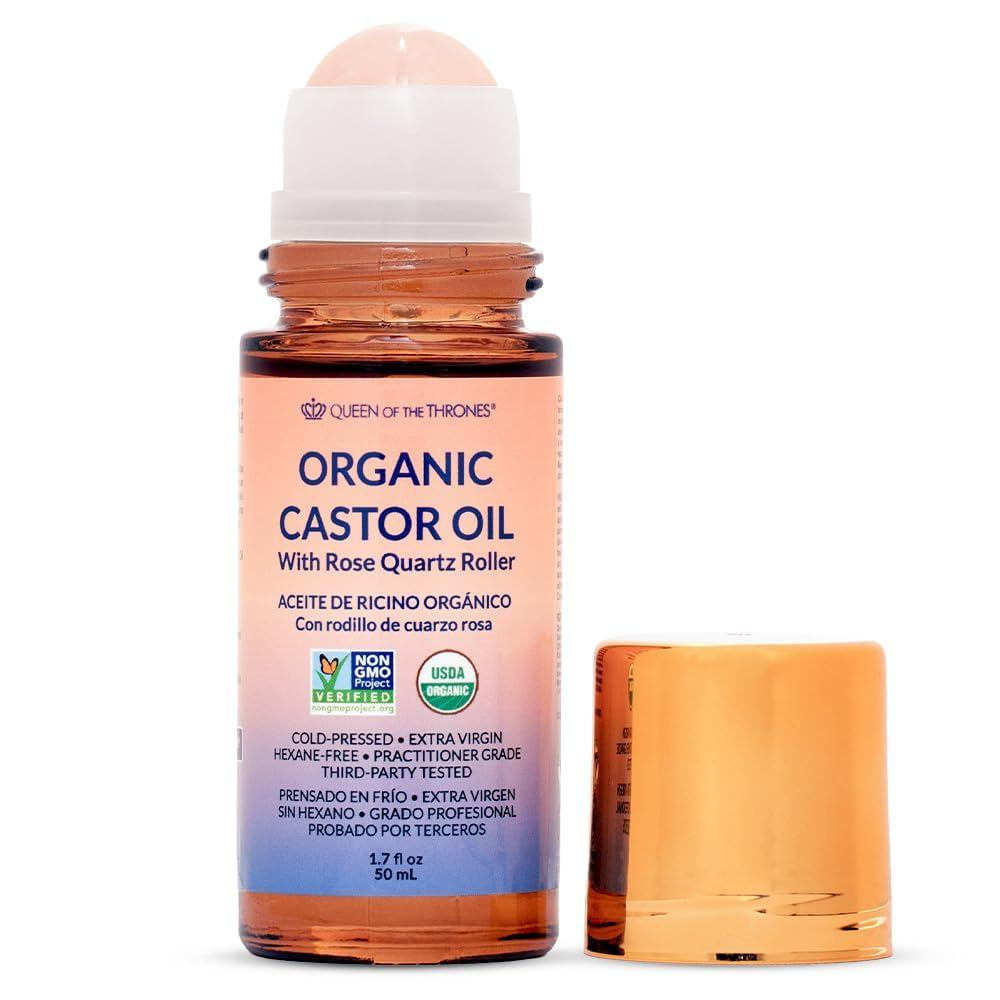 QUEENOFTHETHRONES®OrganicGoldenCastorOilRoll-OnwithRoseQuartz|100%Purefor,Brows&LashesandlessmessCastorOilPacks|Hexane-Free|USDACertified|Cold-Pressed1.7oz(50mL)