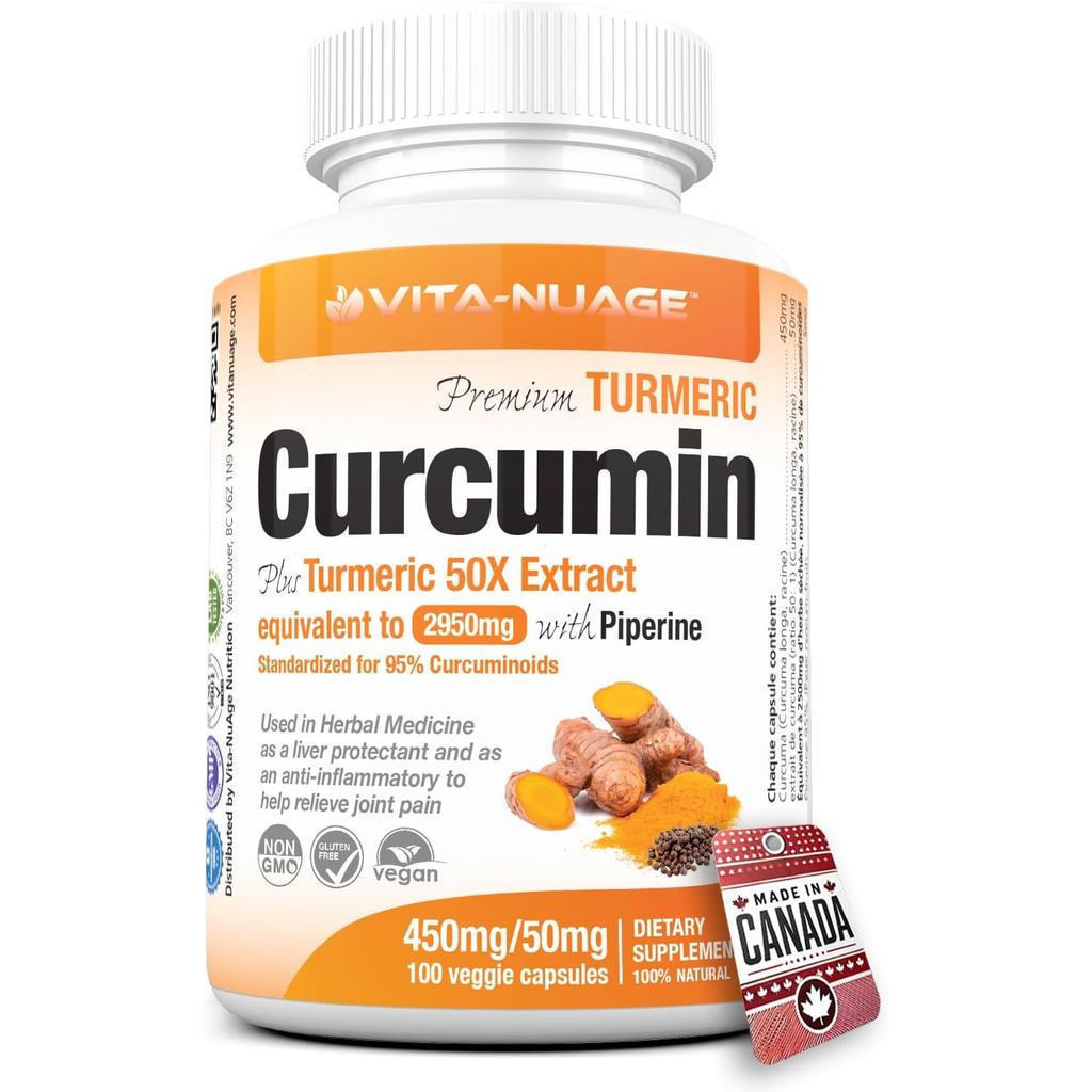 Vita-Nuage | Jenama Kanada | 50X Lebih Kuat 2950mg 95% Kunyit Curcumin setiap Kapsul + Lada Hitam 2,000% Bioavailable, 100 Kapsul, Bekalan Lebih 3 Bulan