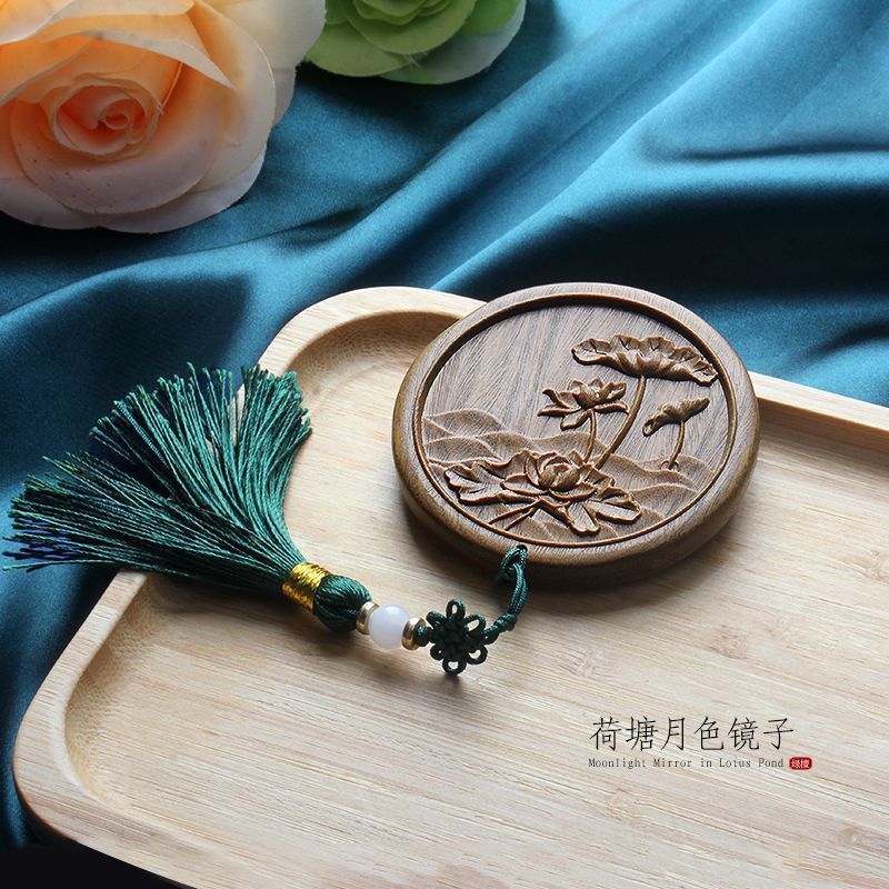 Natural Sandalwood Lotus Leaf Mirror Exquisite Carved Portable Small Portable Comb Gift Chinese Style Goddess Festival Souvenir Comb