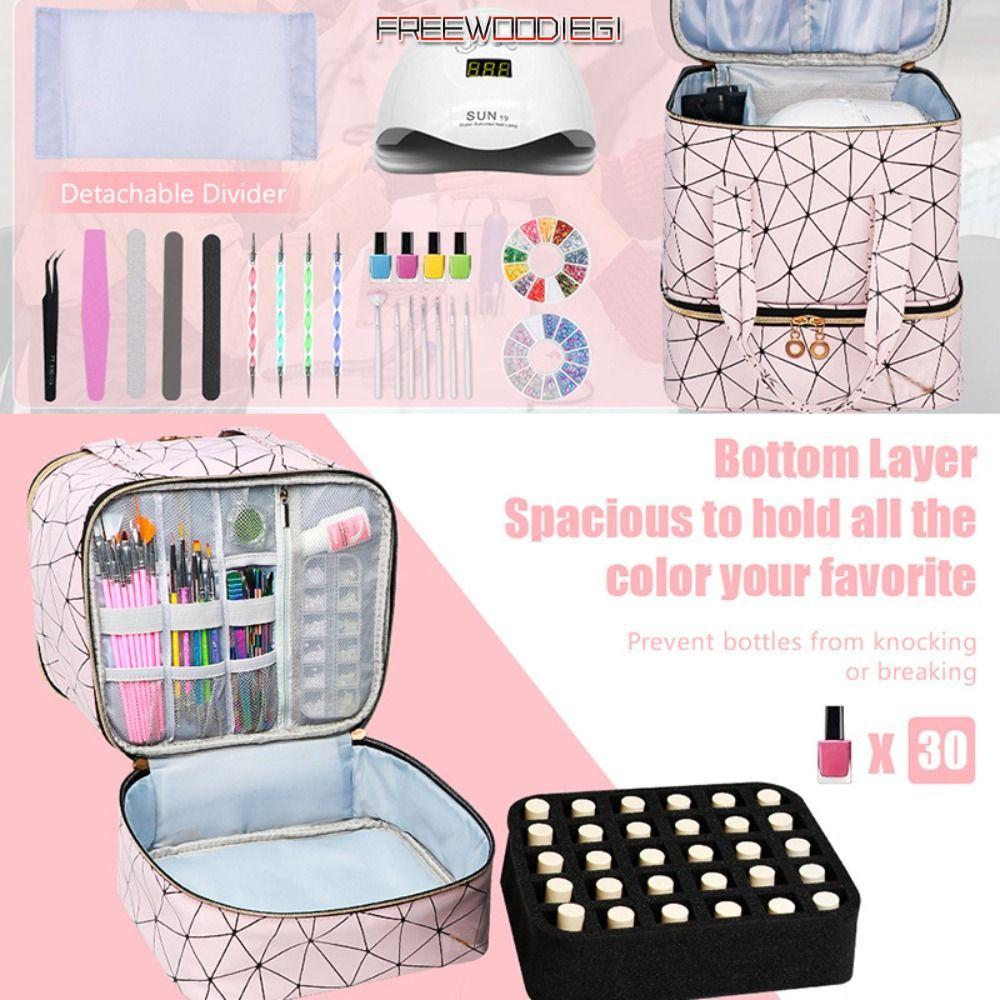 FREEWOODIEGI Manicure Bag, PU Nylon 30 Grids Nail Organizer,  Double Layer Handbag with Handle Cosmetic Organizer Bag Nail Polish Gel