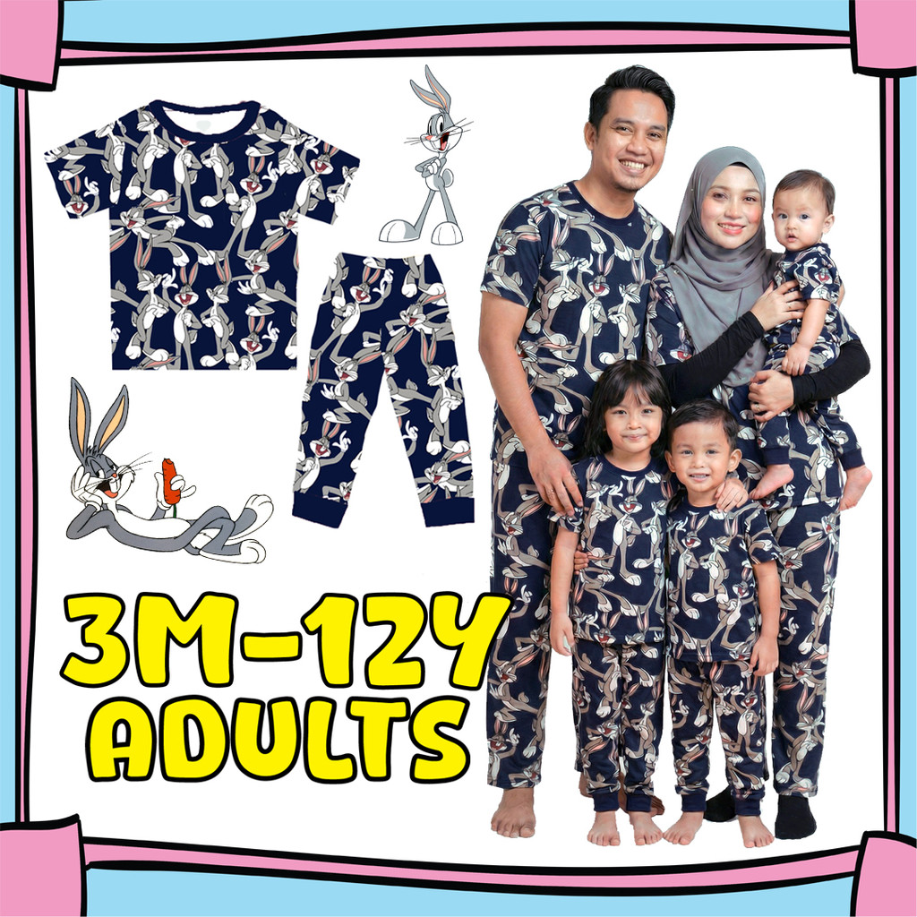 (3M-Adult) OBW NAVY BUNNY Pajamas Cotton Kids Sedondon Pyjamas Girl Boy Baju Tidur Budak Family Set Dewasa Plus Size