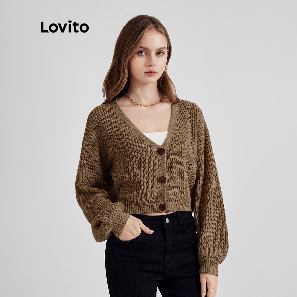 (Essential Item) Lovito Casual Plain Button Front Long Sleeve Cardigan Knitted Sweater for Women